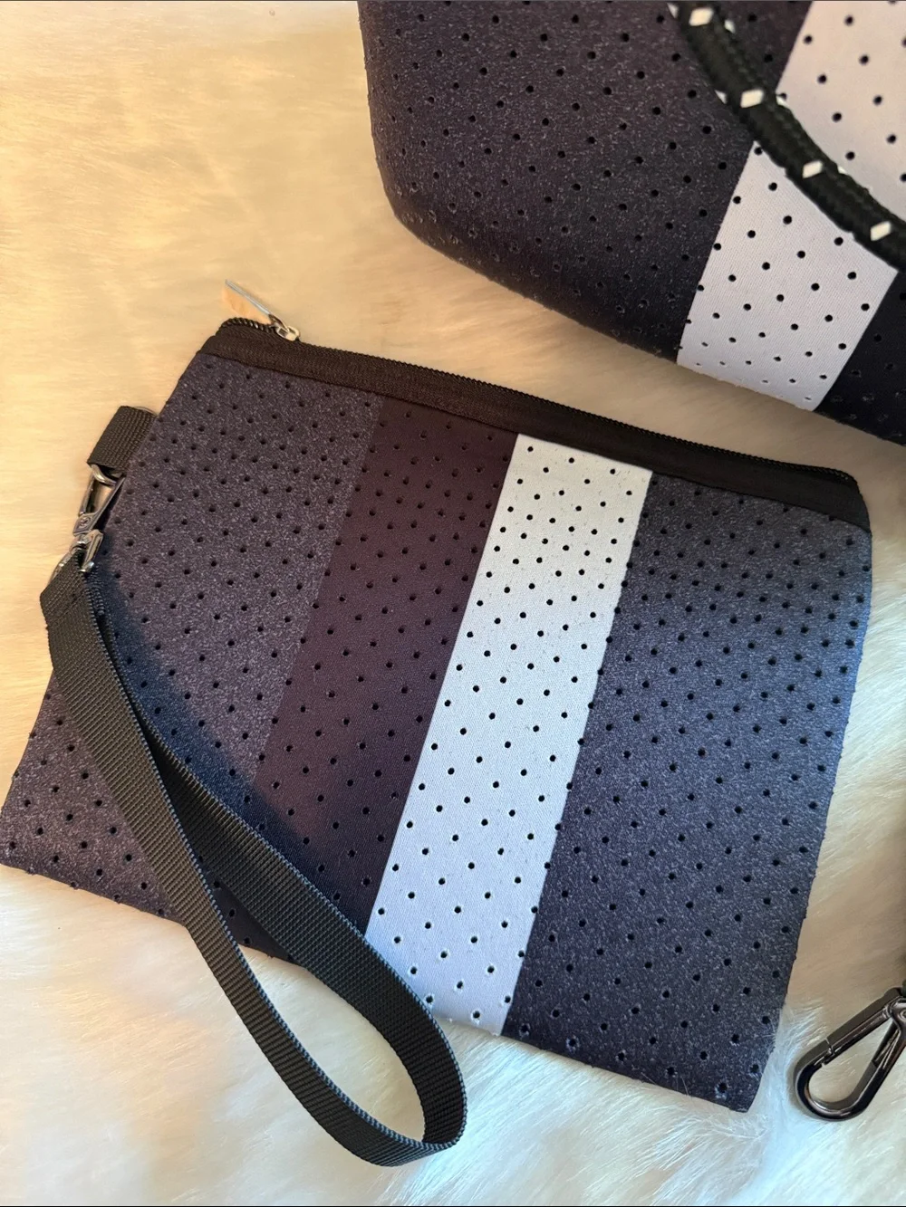 Striped Charcoal and White Tote Bag with Wristlet and Crossbody Strap